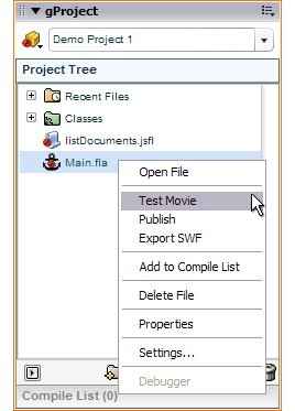 Right-click menu for FLA document